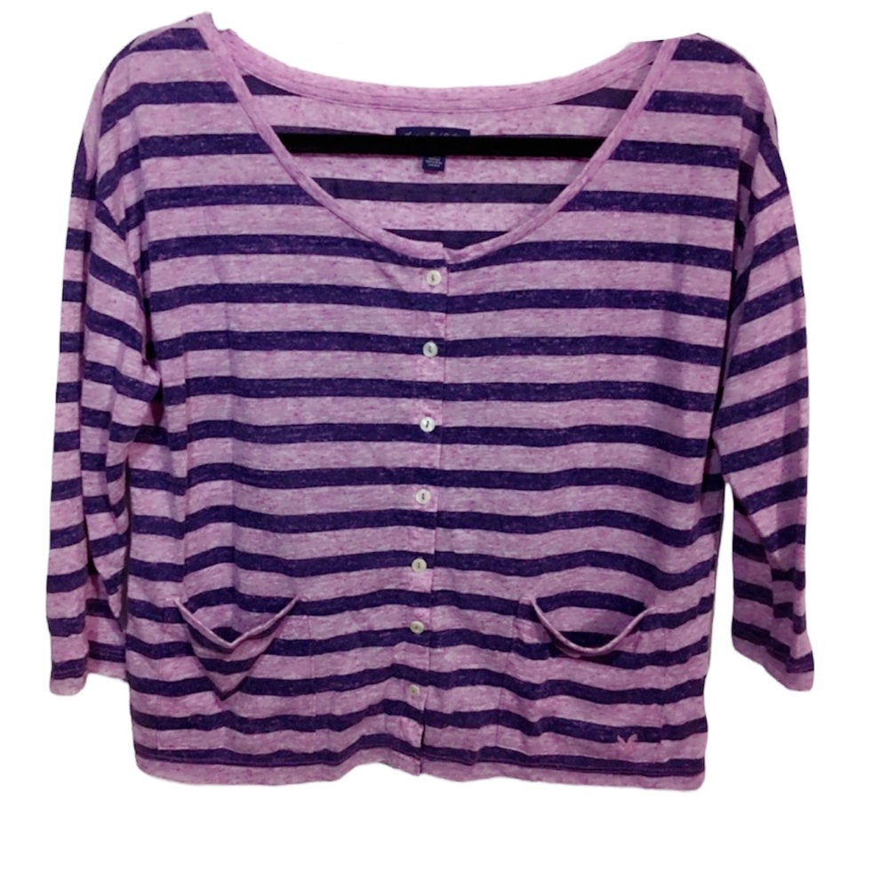 AEO American Eagle Y2K Purple Striped Semi-Sheer Linen Boxy Pocket ButtonTop-S